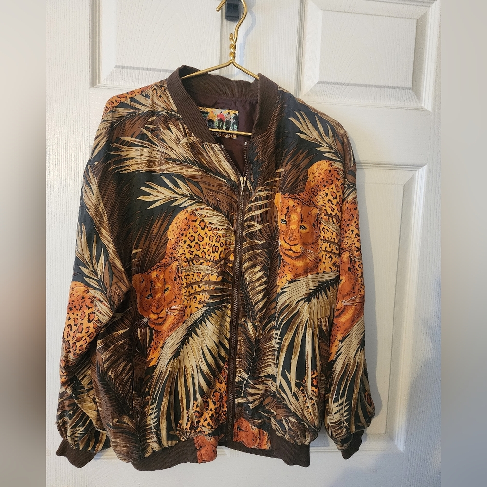 Vintage 100% Silk Atlantic Beach All Over Leopard Safari Jacket Size Medium